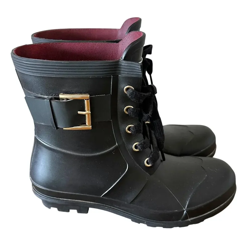 Tommy Hilfiger Women's Rain Boots Booties Lace Up with Buckle Detail Black 6